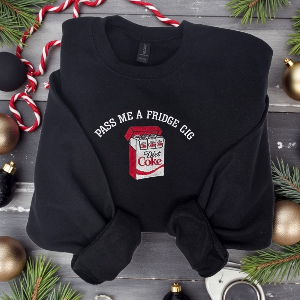Black Crewneck Sweatshirt • Embroidered “Pass Me a Fridge Cig” • Diet Soda Humor - Picture 2 of 4